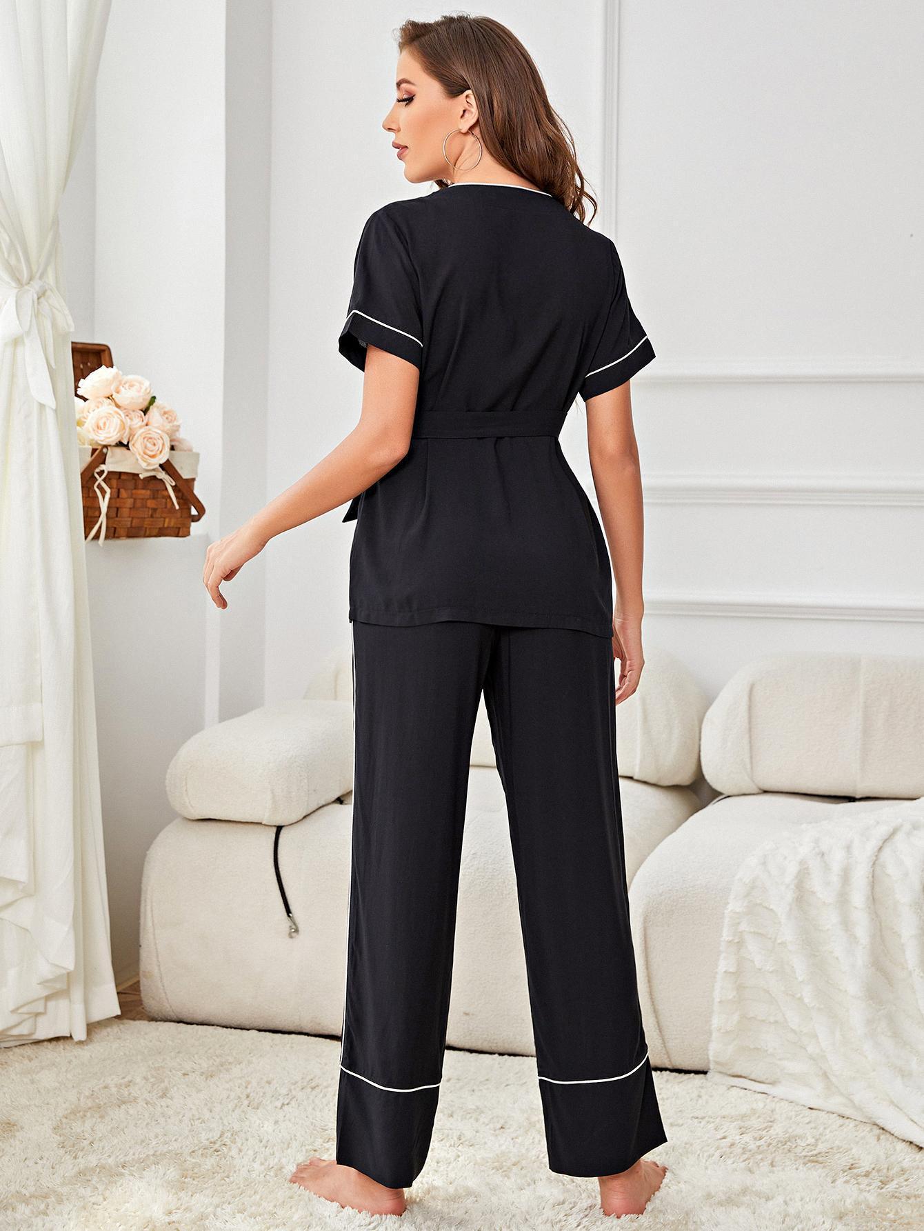 Contrast Piping Belted Top and Pants Pajama Set - CADEAUME