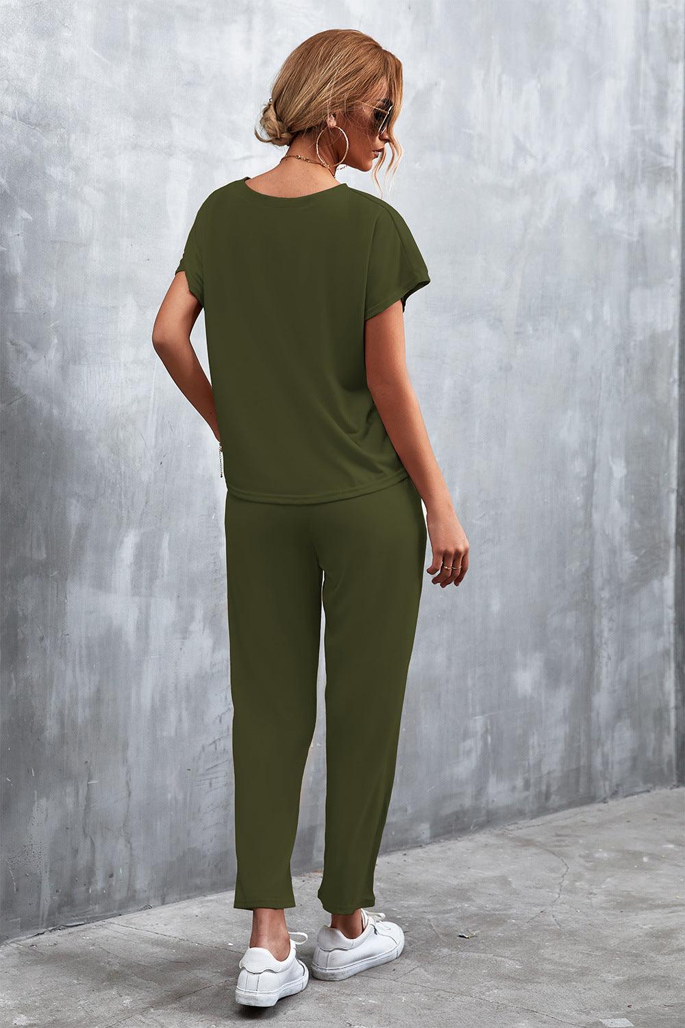 Full Size Round Neck Top and Drawstring Waist Pants Set - CADEAUME