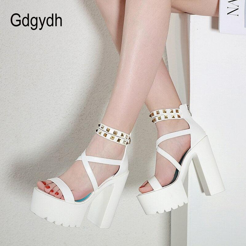 Gdgydh New Sexy Platform Sandals Women Ultra High Heels Shoes Fashion Rivet Ladies Party Shoes Square Heel Comfort Drop Shipping - CADEAUME