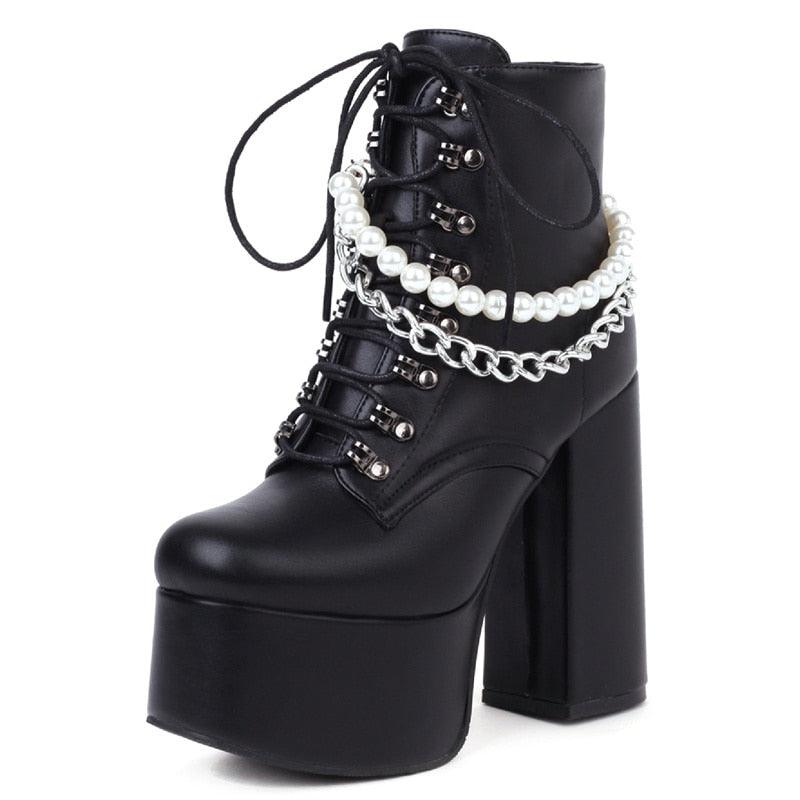 Goth Black Demonia Boots Women Punk Heel Sexy Chain Chunky Heel Platform Boots Female Designers Ankle Boots Lace Up Large Size - CADEAUME