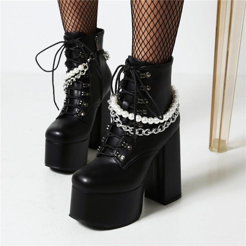 Goth Black Demonia Boots Women Punk Heel Sexy Chain Chunky Heel Platform Boots Female Designers Ankle Boots Lace Up Large Size - CADEAUME