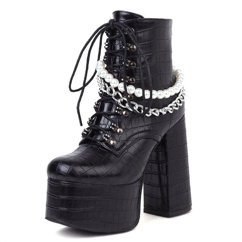 Goth Black Demonia Boots Women Punk Heel Sexy Chain Chunky Heel Platform Boots Female Designers Ankle Boots Lace Up Large Size - CADEAUME