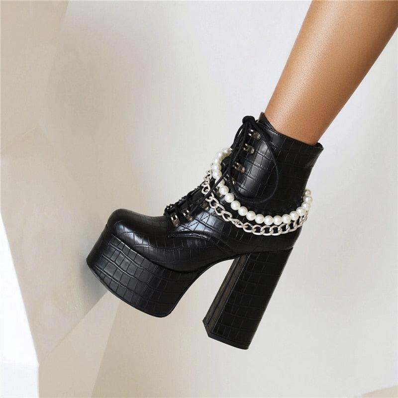 Goth Black Demonia Boots Women Punk Heel Sexy Chain Chunky Heel Platform Boots Female Designers Ankle Boots Lace Up Large Size - CADEAUME