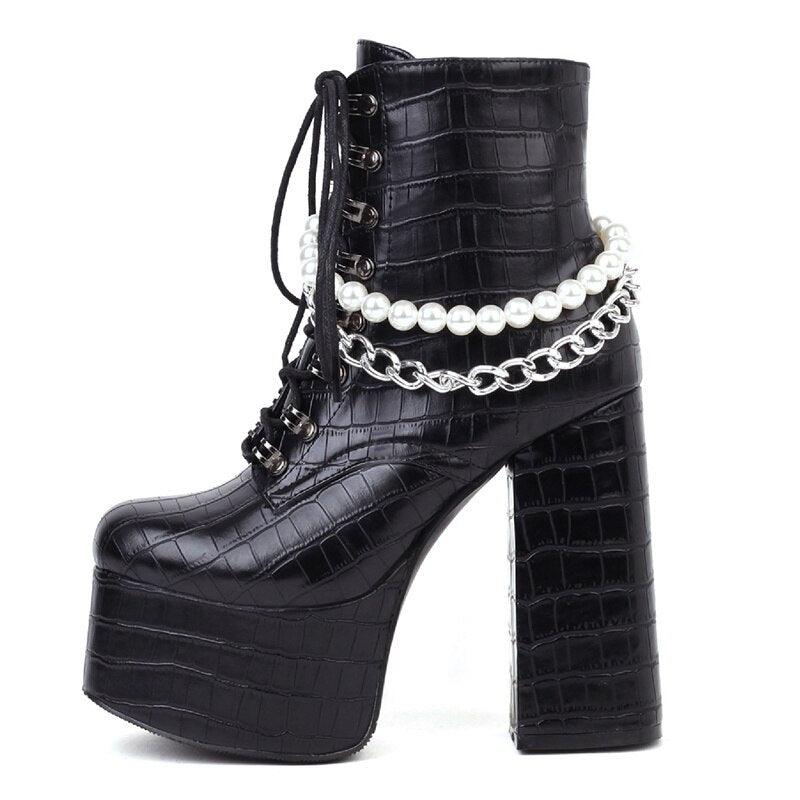 Goth Black Demonia Boots Women Punk Heel Sexy Chain Chunky Heel Platform Boots Female Designers Ankle Boots Lace Up Large Size - CADEAUME