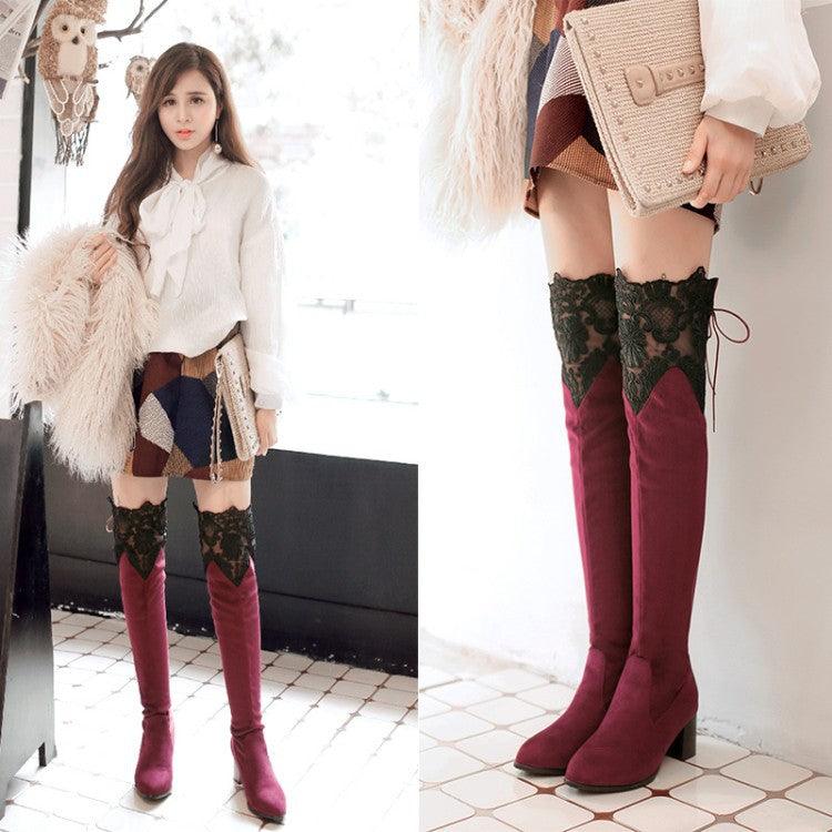 Increased Female Boots Knee High-heeled Boots Inside Hollow Lace - CADEAUME