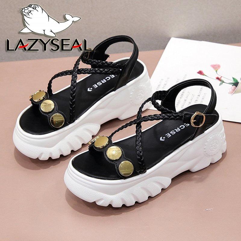 LazySeal 7cm Wedge Heel 2020 Women&#39;s Sandals Platform Summer Bling Braided Rope Cross-tied Beach Sandal Chunky Sole Woman Shoes - CADEAUME