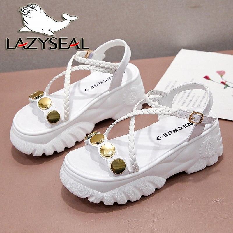 LazySeal 7cm Wedge Heel 2020 Women&#39;s Sandals Platform Summer Bling Braided Rope Cross-tied Beach Sandal Chunky Sole Woman Shoes - CADEAUME