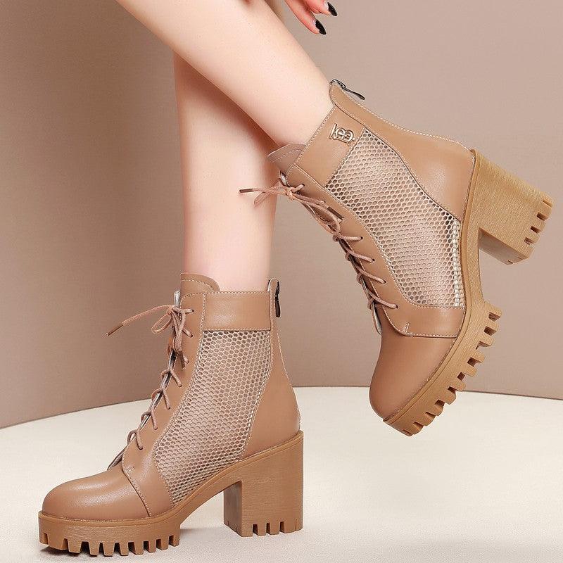 Leather breathable hollow net boots high-heeled sandals - CADEAUME