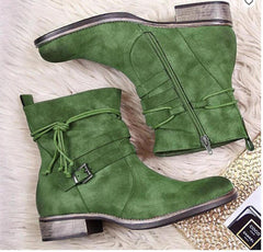 New Round Toe Side Zipper Laces Low Square Heel Ladies Plus Size Short Boots - CADEAUME