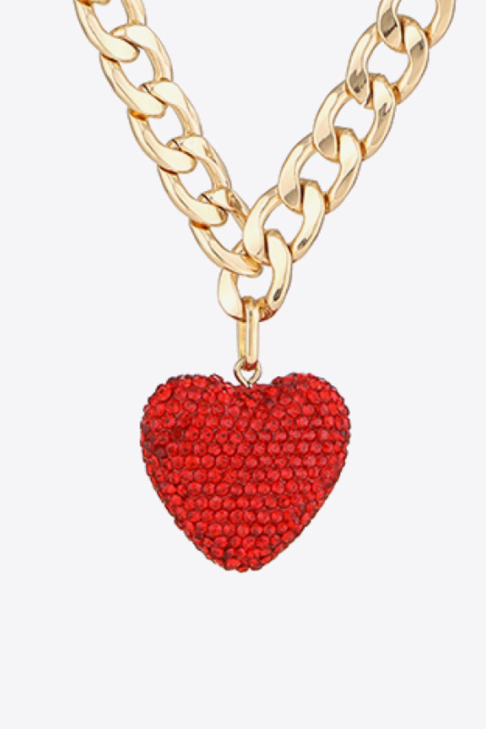 Rhinestone Heart Pendant Curb Chain Necklace - CADEAUME