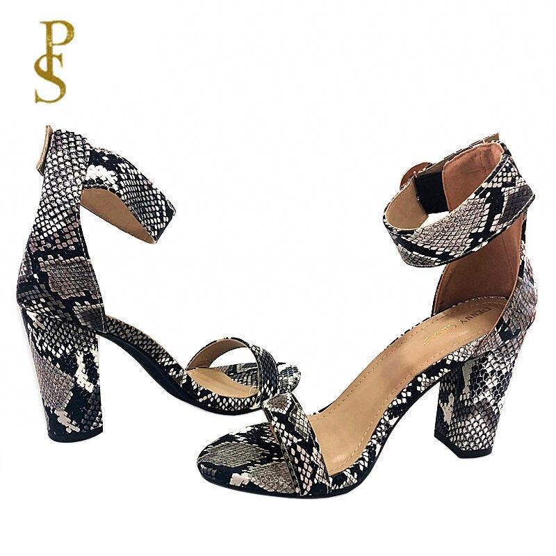 Snake Print Ankle Strap Women Summer Sandals shoes woman Ladies chunky high heels pumps - CADEAUME