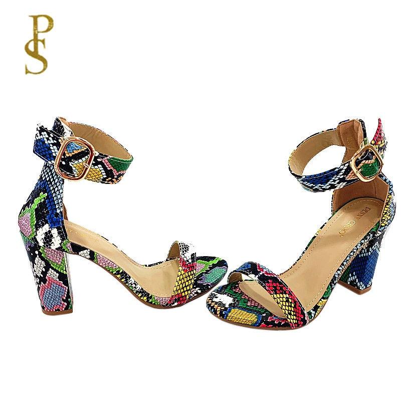 Snake Print Ankle Strap Women Summer Sandals shoes woman Ladies chunky high heels pumps - CADEAUME