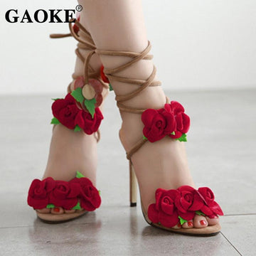 Woman Sandals Summer Woman High Heel Shoes Flower High Heel Sandals Ankle Strap Peep Toe Rubber Heel Sandals Bridal Party Shoes