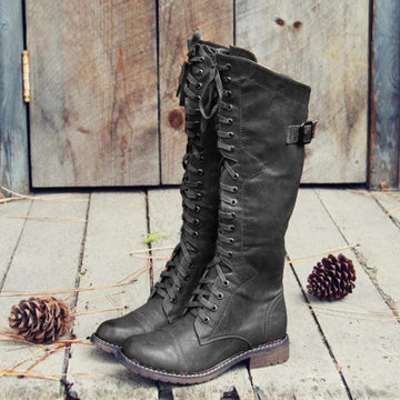 Women's Round Toe Low-heeled High-tube Cross-lace Knight Boots