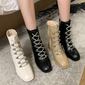 Women's Boots New Women's Short Boots Thick with Lace Up Women's Thin High-heeled Women's Boots Motorcycle Boots